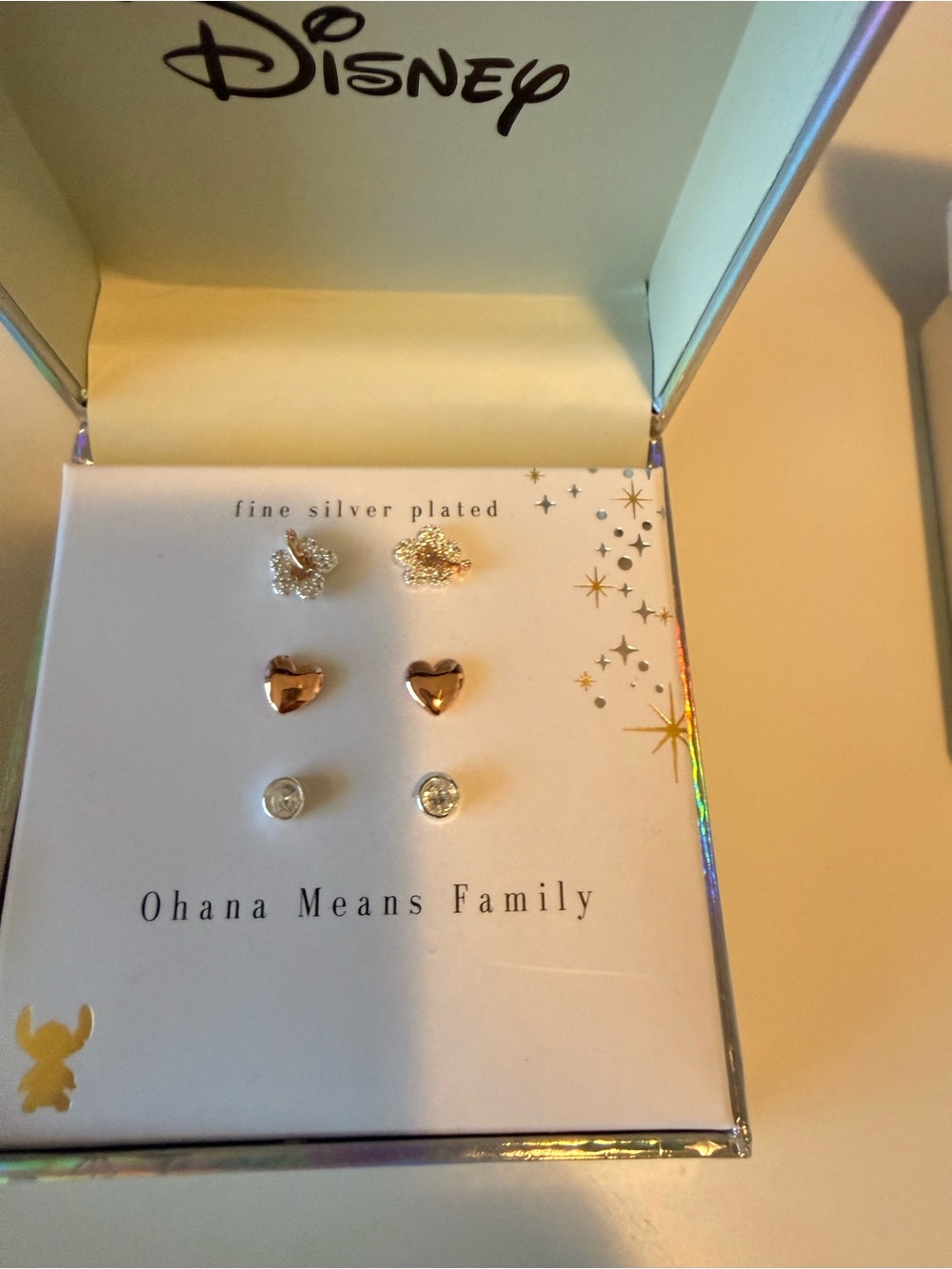 Disney Gold & Silver Heart and Crystal Earring Trio Set ohana means family